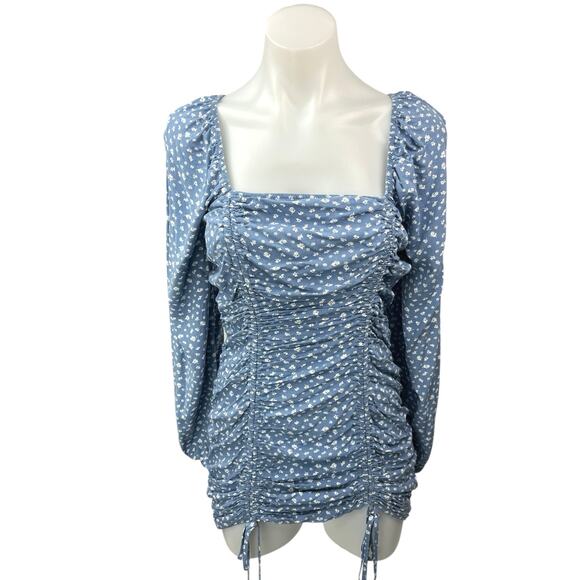 Wild Fable Blue Floral Puff Long Sleeve Cinched Tie Smocked Mini Bodycon Dress M - Picture 1 of 5